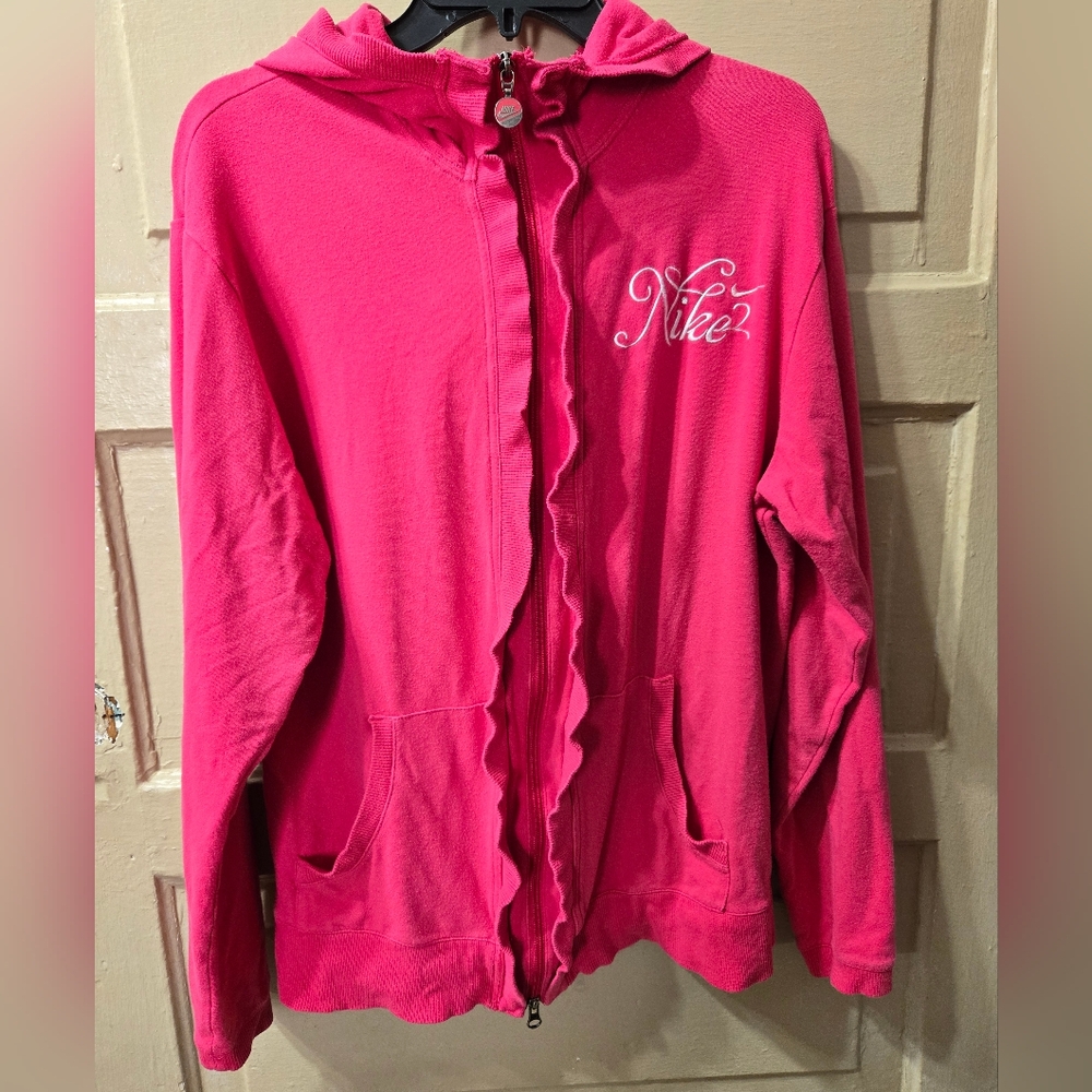 Nike Pink Double Zipper Ruffle Trim Logo Zip Hoodie Jacket GUC Size: XL